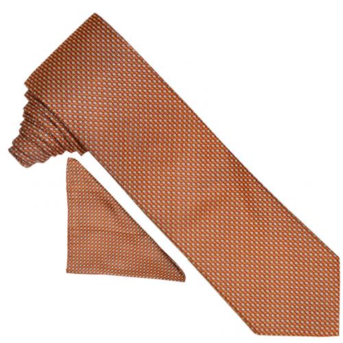 Setazone 3115 Orange / Brown / Silver Micro Diamond Silk Necktie / Hanky Set